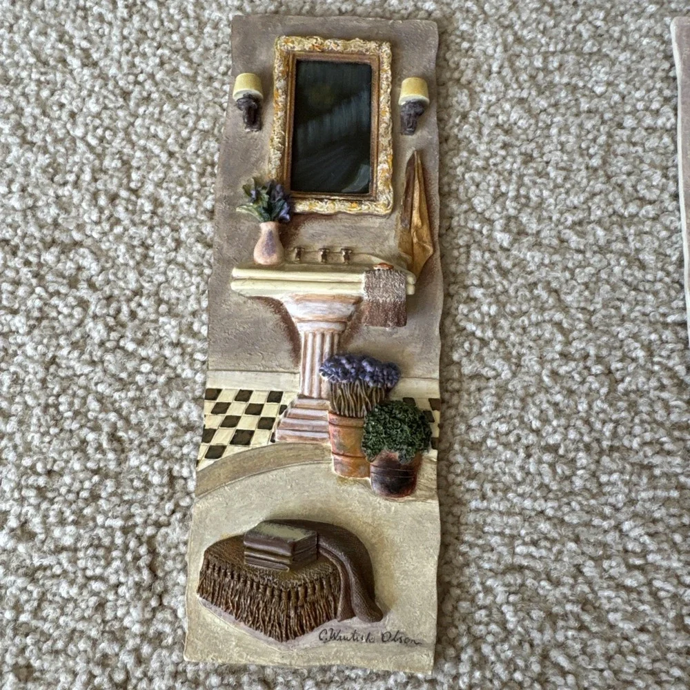 Vintage C. Winterle Olson 3D Bathroom Wall Art Plaque Set 1990s Relief Decor